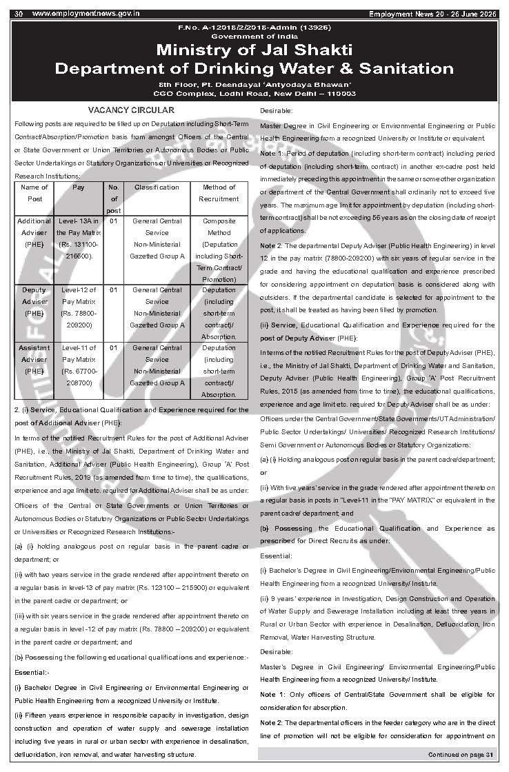 Ministry of Jal Shakti, Department of Drinking Water & Sanitation - Multiple Posts (3 positions)