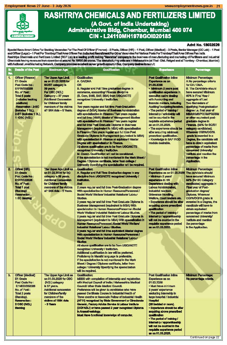 Rashtriya Chemicals and Fertilizers Limited - Multiple Posts (7 positions)
